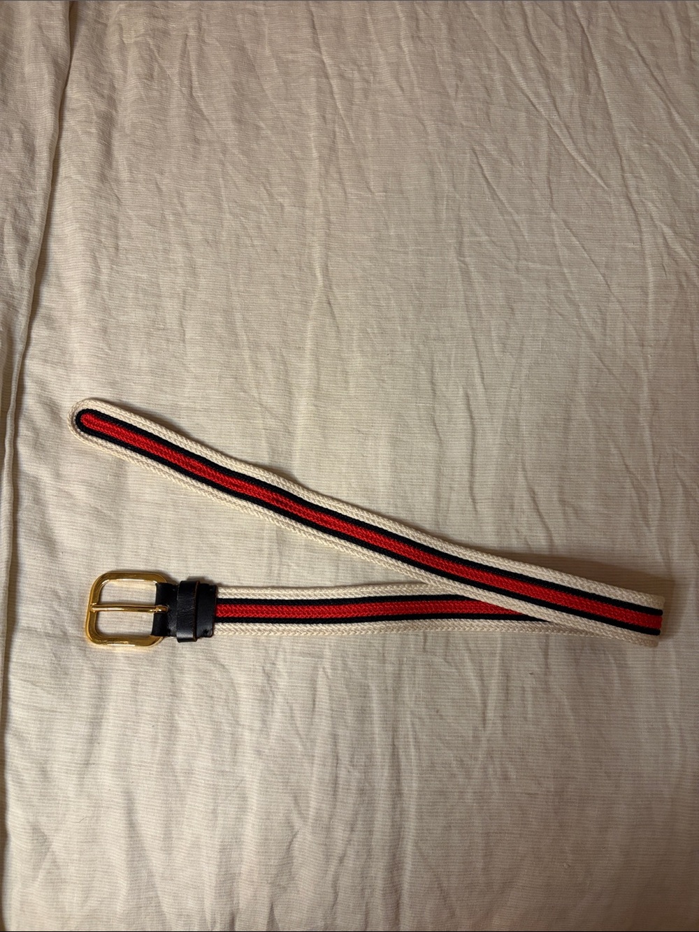 Marni Red, Black & Cream Striped Canvas Belt with Gold Buckle 75 cm